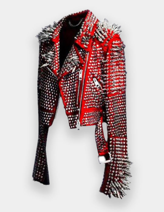 Men Red Spiked Jacket, Red Studded Leather Jacket, Men Spiked Steam Punk Jacket Gothic, Rockers Studded Jacket